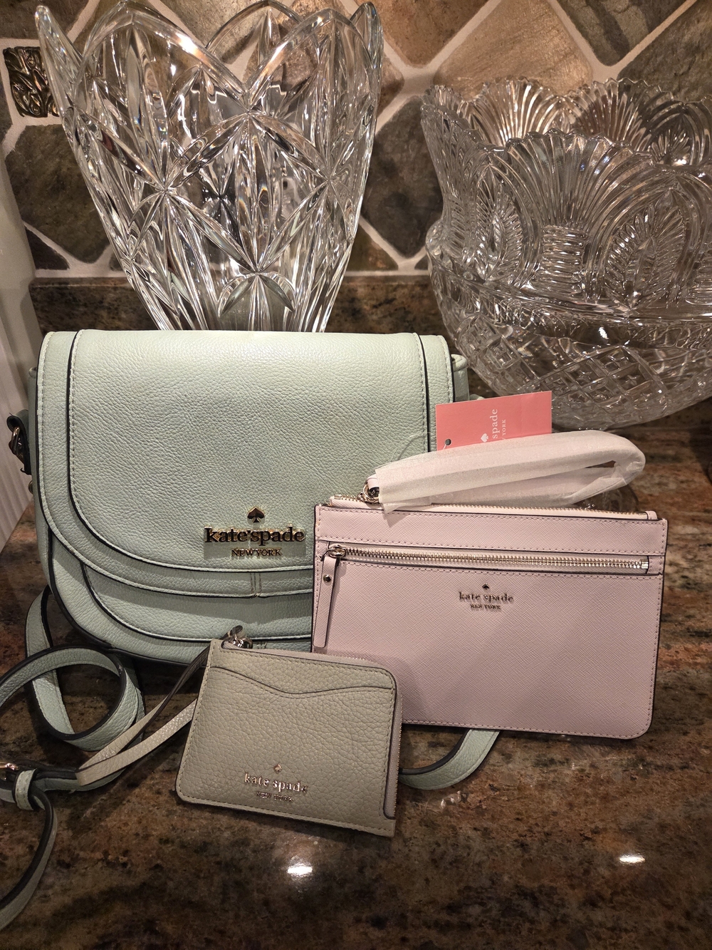 kate spade Mint Crossbody Bag with Pink Wristlet & Mint Card Case